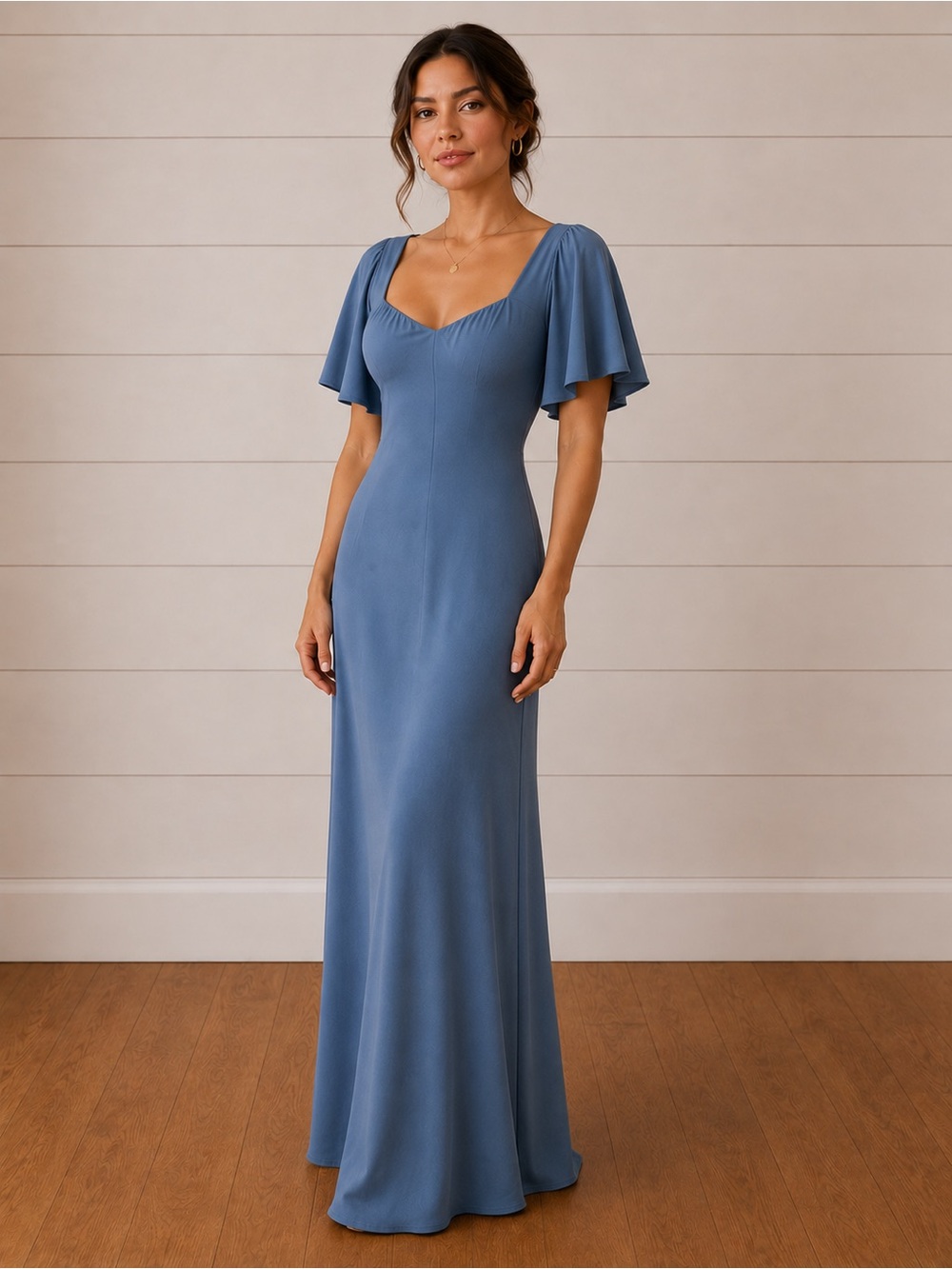 1970s vintage  Blue Maxi Dress with Flutter Sleeves